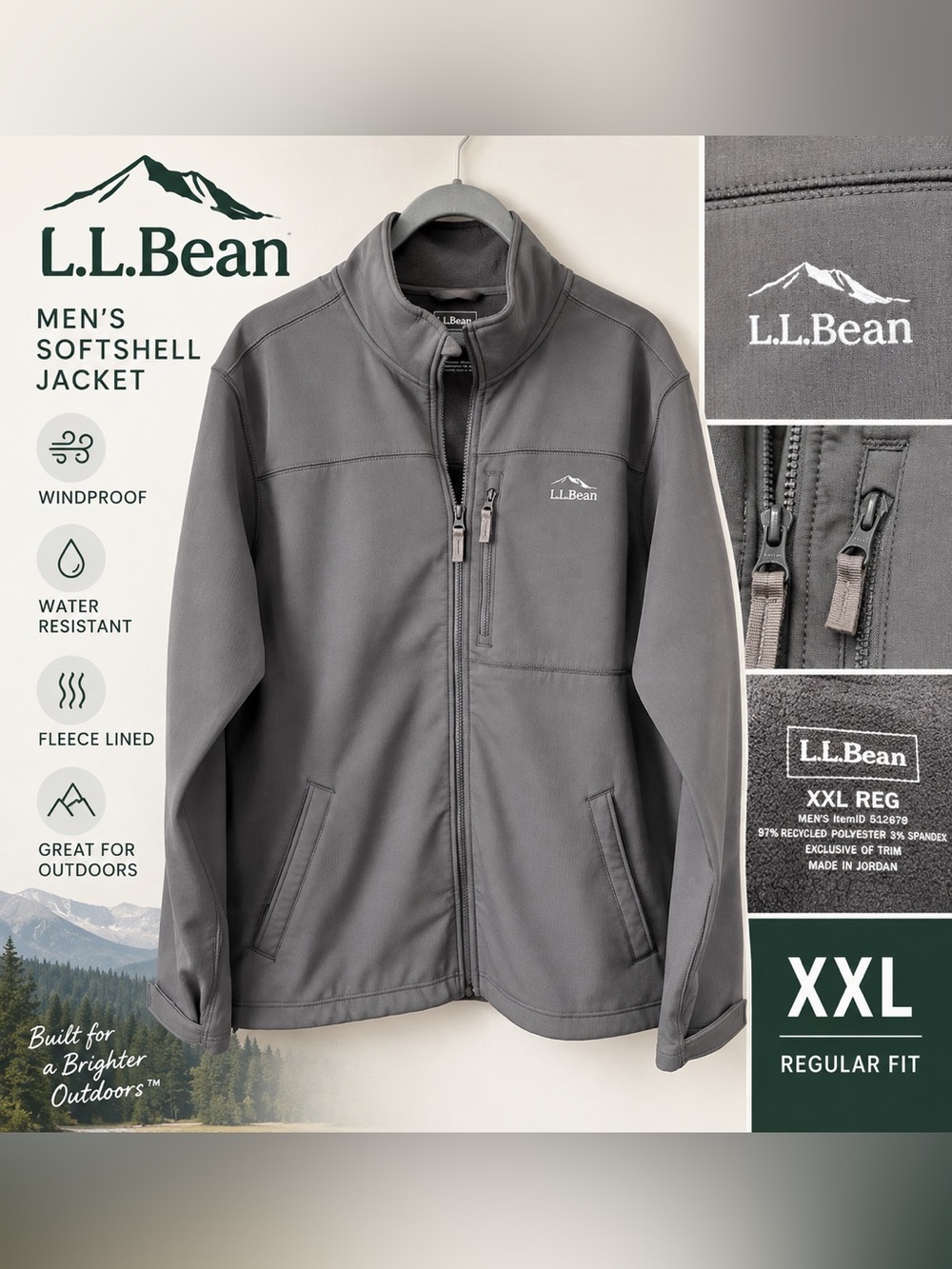 L.L.Bean Men’s Windproof Softshell Fleece Jacket Gray XXL Full Zip
